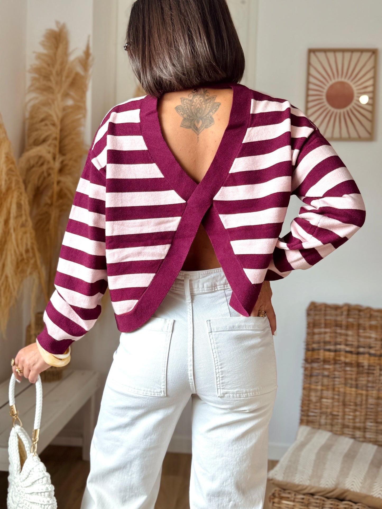 Pull EMMA rayé rose/bordeaux