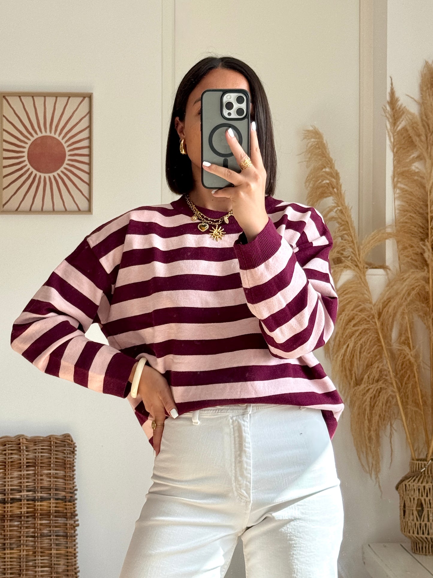 Pull EMMA rayé rose/bordeaux