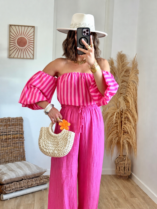 Top ORINE rayé rose & rouge